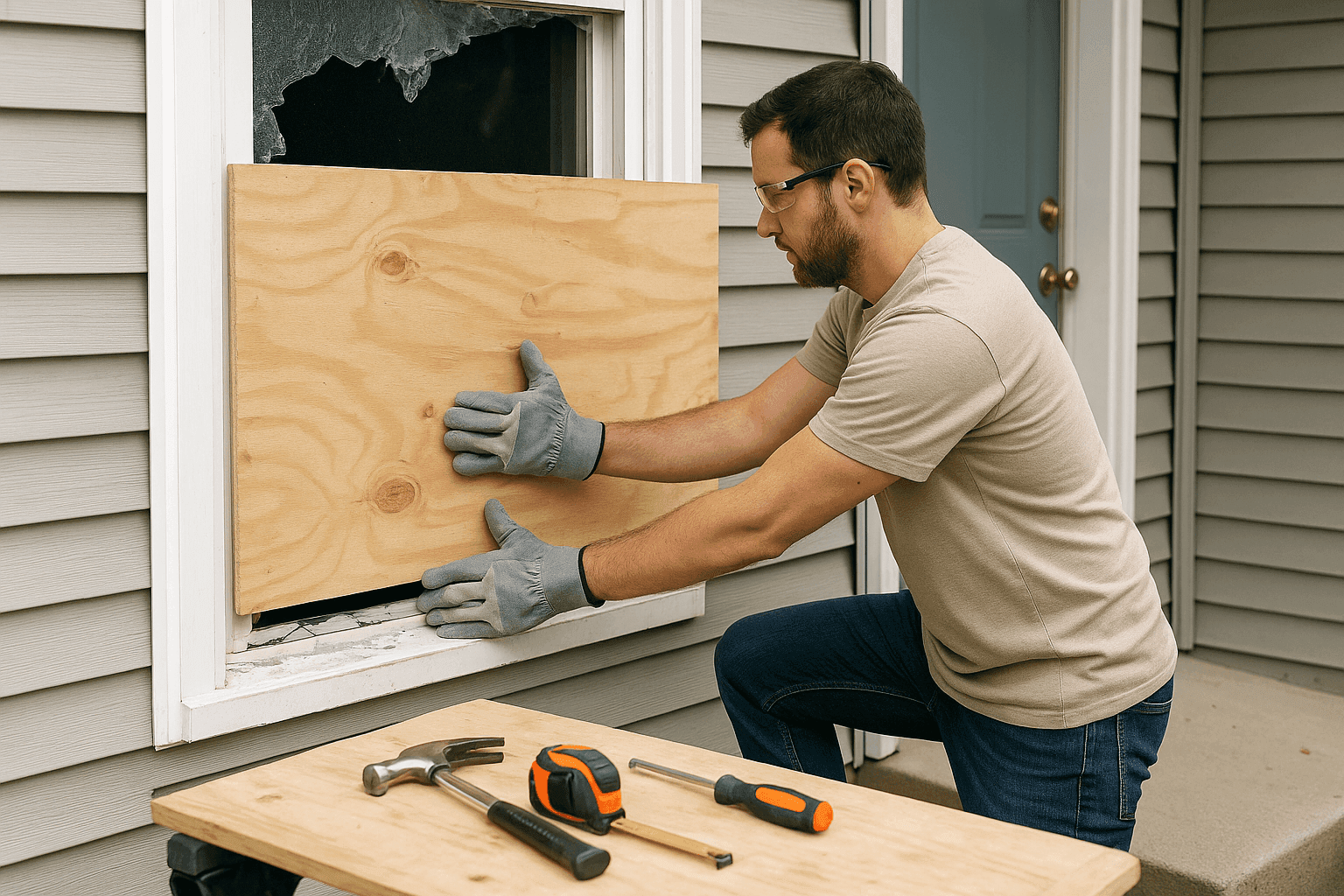 Homeowner boarding up a broken window for emergency repair
