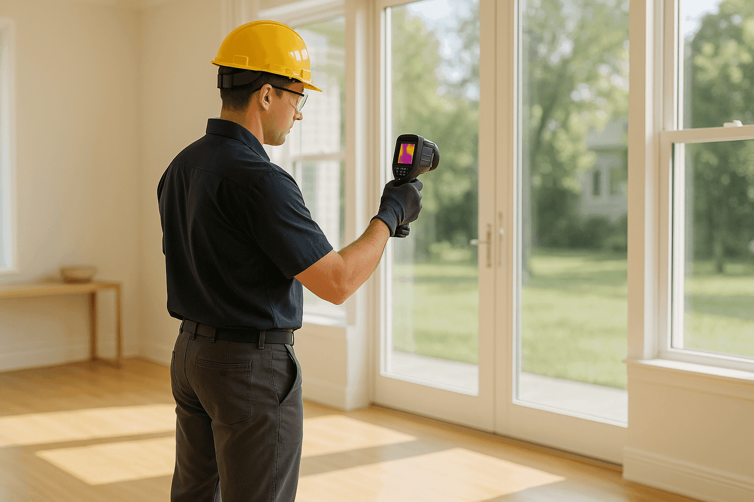 Technician performing an energy audit on a home's windows using thermal camera