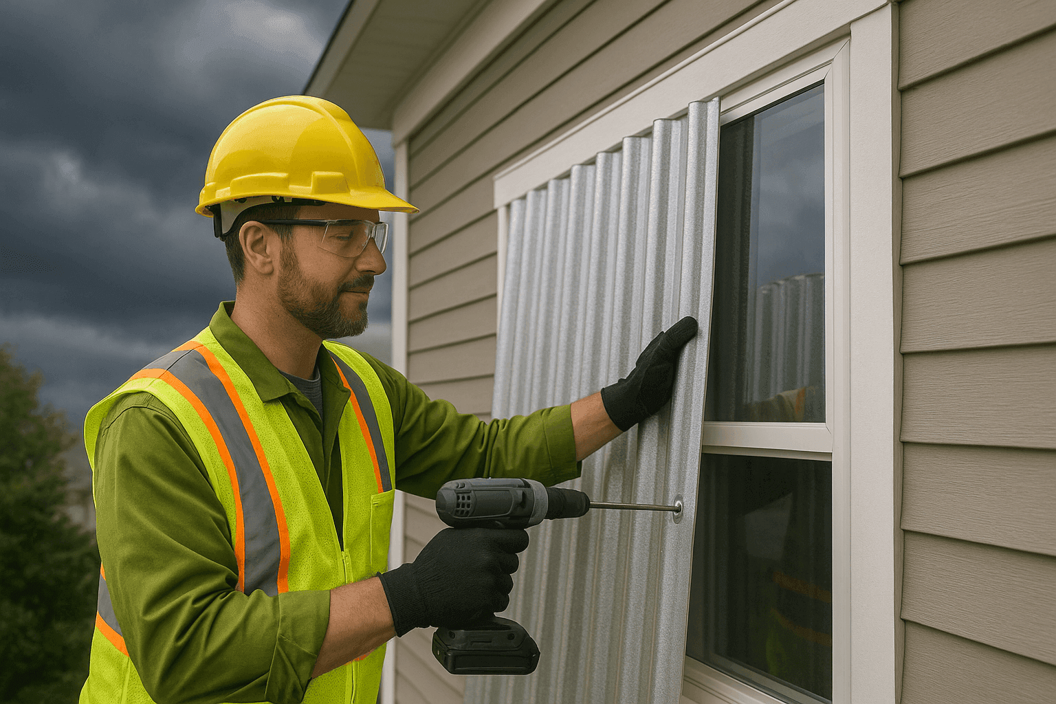 Technician installing storm-resistant window panels in a family home