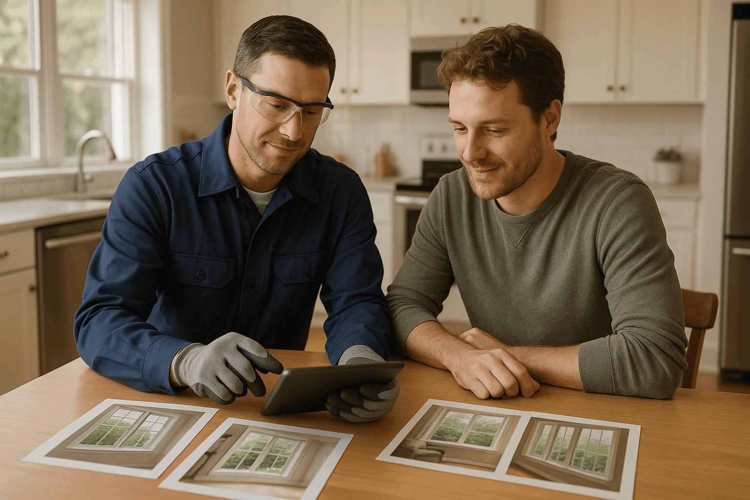 Homeowner reviewing window replacement cost estimates with a professional
